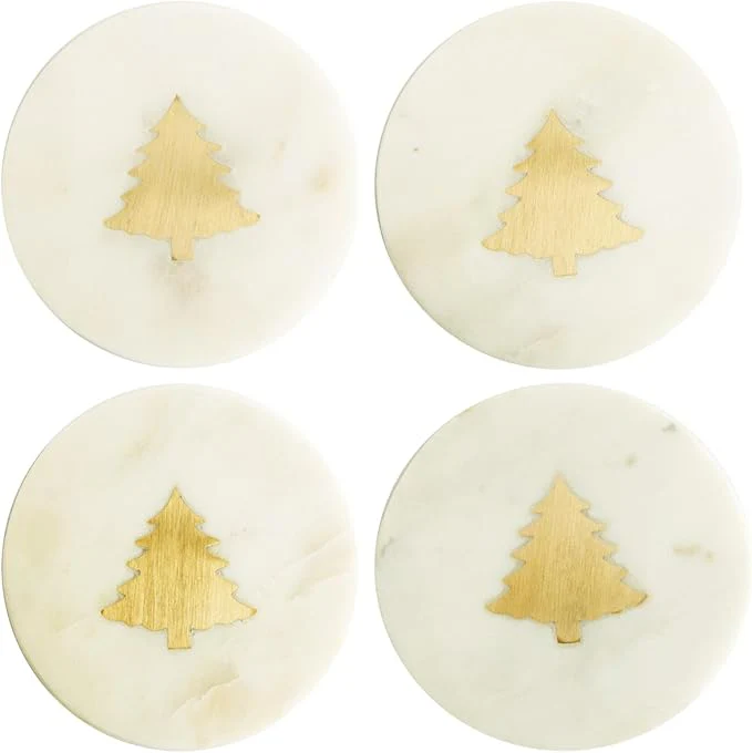Marble Coasters w/ Brass Tree Inlay, White, Set of 4 - Image 2